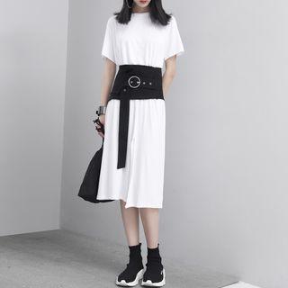 Slit-hem T-shirt Dress With Denim Wide Belt