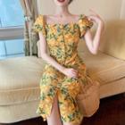 Floral Cap-sleeve Midi A-line Dress Yellow - One Size