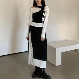 Halter-neck Crop Top / Long-sleeve T-shirt / Mock Two-piece Midi Skirt