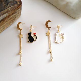 Asymmetrical Cat Moon Star Drop Earring