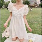 Ruched-sleeve Eyelet Lace Dress White - One Size