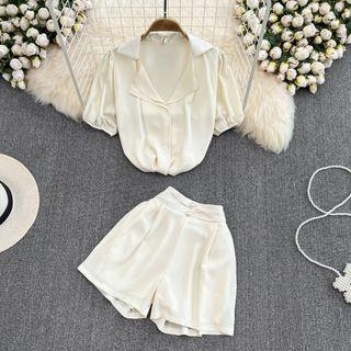 Set: Short Sleeve V-neck Shirt + High Waist Dress Shorts