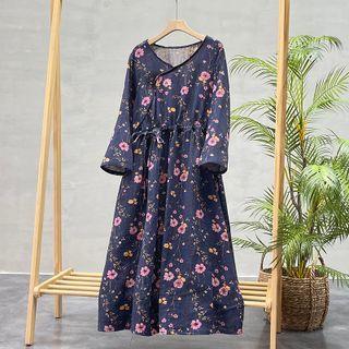 Floral Tie-waist Midi A-line Dress Navy Blue - One Size