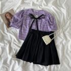 Puff-sleeve Plaid Shirt / Mini A-line Skirt / Set