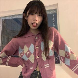 Argyle Collared Cardigan / Denim Mini Pleated Skirt
