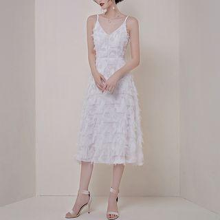 Fringed Trim Spaghetti Strap Midi A-line Dress
