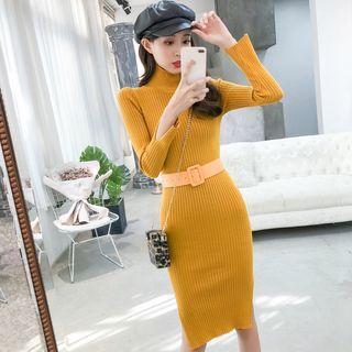 Long-sleeve Turtleneck Sheath Knit Dress With Belt