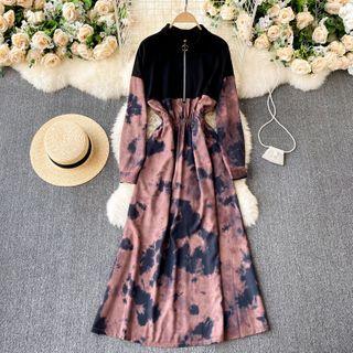 Long-sleeve Print Half-zip Maxi A-line Dress