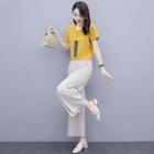 Set: Applique Short-sleeve Blouse + Cropped Wide-leg Pants
