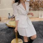 Sashed Blazer / Mini A-line Pleated Skirt