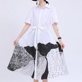 Short-sleeve Printed Tie-waist Midi Shirtdress