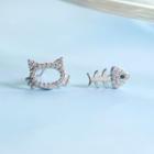 Non-matching Rhinestone Cat Fish Bone Stud Earring 1 Pair - Earrings - Cat & Fishs Bone - One Size