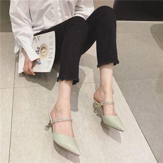 Embellished Faux Leather Kitten Heel Pointed Mules