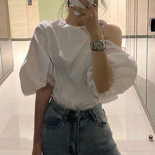 Puff-sleeve Asymmetrical Cold-shoulder Blouse White - One Size