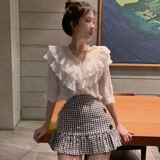 Ruffle Trim Elbow-sleeve Blouse / Plaid Mini Skirt