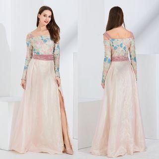 Off Shoulder Long Sleeve Floral Panel Slit-side Evening Gown
