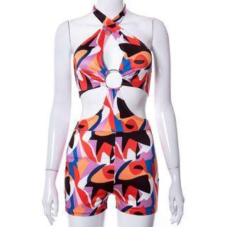 Sleeveless Halter Cut-out Print Romper