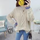Striped Cuff Mock Two-piece Cable Knit Sweater
