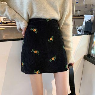 Floral Embroidered Corduroy A-line Skirt