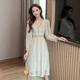 Long-sleeve Lace V-neck Midi Dress