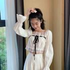 Long-sleeve Drawstring Lace Panel Top White - One Size