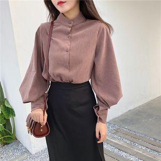 Plain Stand-collar Puff-sleeve Loose-fit Blouse