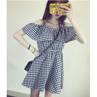 Open Shoulder Plaid Spaghetti Strap Dress