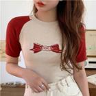 Short-sleeve Bow Print Knit Top