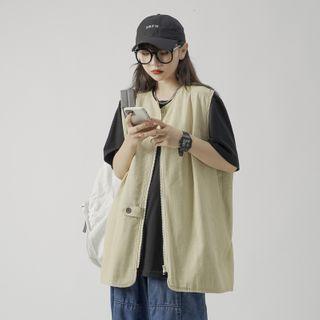 Sleeveless Zipped Plain Jacket