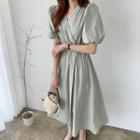 Plain V-neck Puff-sleeve Lace-up Dress