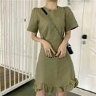 Round-neck Frilled-hem Minidress Khaki - One Size