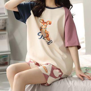 Loungewear Set : Short-sleeve Deer Print Top + Shorts