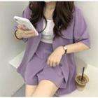 Set: Short-sleeve Blazer + Wide Leg Shorts Set Of 2 - Blazer & Pants - Grape Purple - One Size