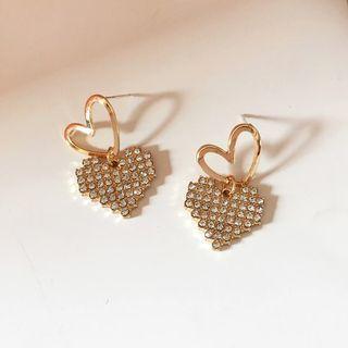 Heart Rhinestone Dangle Earring 1 Pair - S925 Silver Needle - Stud Earring - Gold - One Size