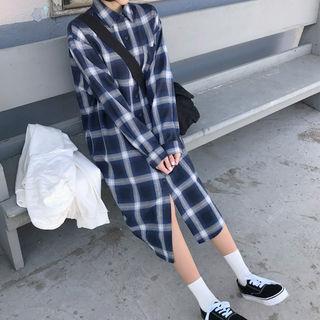 Pocket-front Checked Midi Shirtdress