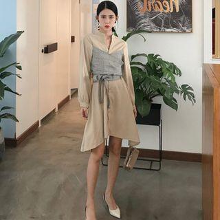 Set: Puff-sleeve A-line Dress + Shirred Camisole Top