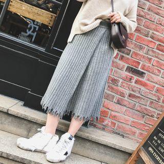 Distressed Hem Ribbed Knit Front Slit Skirt