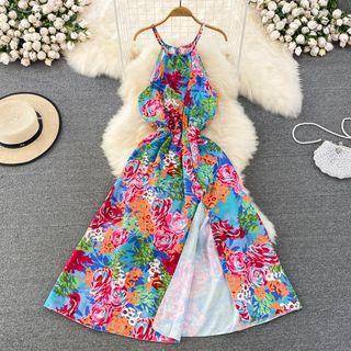Sleeveless Floral Print Slit Maxi Dress