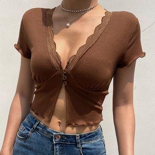 Short-sleeve Lace Trim Crop Top Brown - One Size