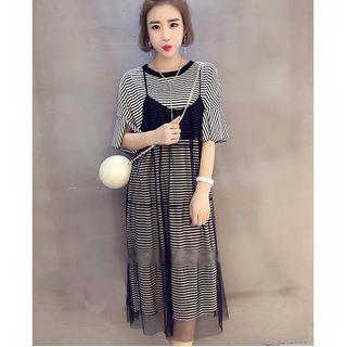Set: Stripe Short-sleeve Top + Strap Dress
