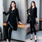 Set: Studded Fringed Trim Flared-sleeve Blouse + Long Vest + Cropped Skinny Pants