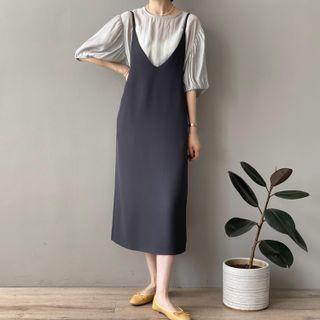 Set: Elbow-sleeve Blouse + Spaghetti Strap Dress