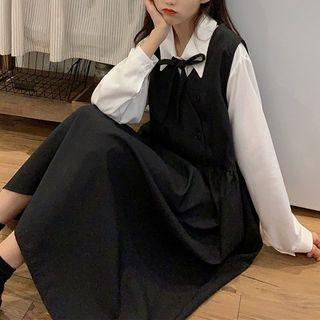 Tie-neck Shirt / Midi A-line Pinafore Dress / Set