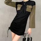 Long-sleeve Two-tone Drawstring Mini Bodycon Dress