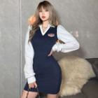 Puff-sleeve Polo-neck Badge Embroidered Sheath Dress