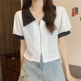 Short-sleeve Two-tone Zip-up Top