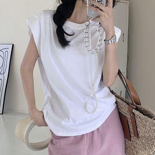 Sleeveless Padded-shoulder Plain T-shirt