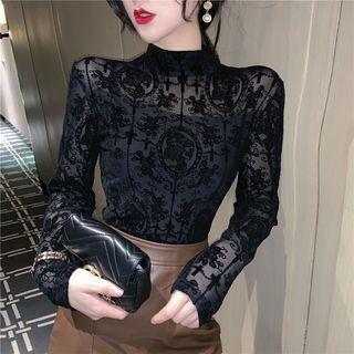 Mock-turtleneck Long-sleeve Lace Top Black - One Size