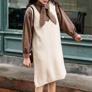 Set: Long-sleeve Plaid Tie-neck Shirt + Sleeveless Knit Dress
