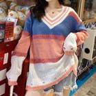 V-neck Color Block Mohair Sweater